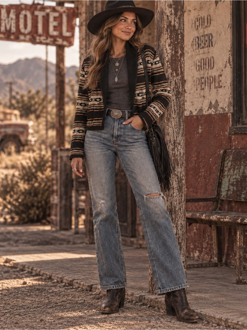 Vintage Southwestern Cropped Jacket - Black/Cream/Brown